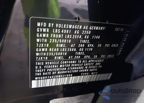 2011 Volkswagen Tiguan Se from USA, damaged, VIN WVGBV7AX2BW531856